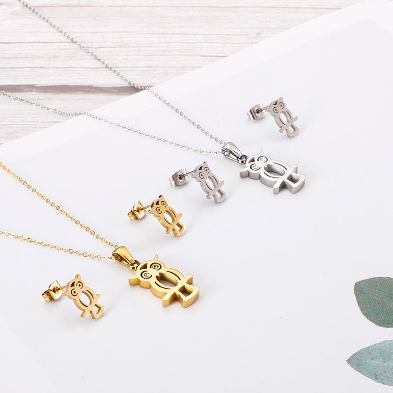 Creative Hollow Owl Necklace and Stainless Steel Earring Set