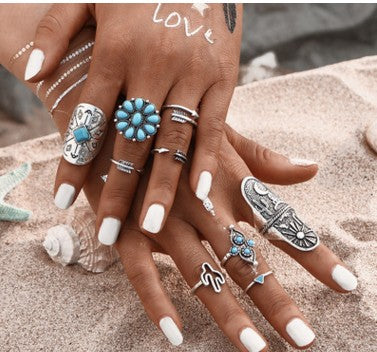 9-Piece Turquoise Gemstone Vintage Ring Set