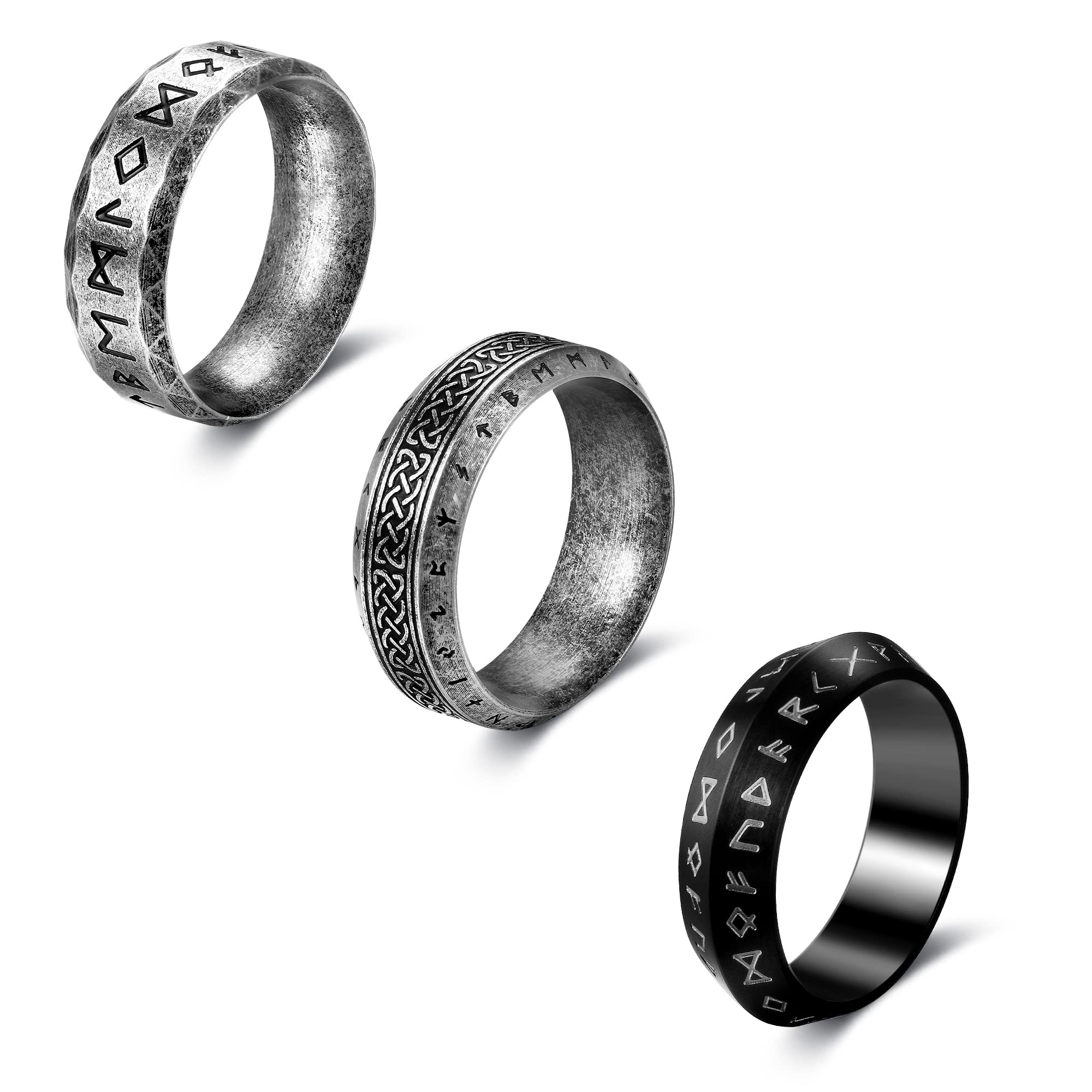 Dochais 3PCS Stainless Steel Viking Rings for Men Black Mens Rings Norse Viking Runes Vintage Ring Celtic Runes Ring Nordic Ring Band Jewelry Gift for Men Women