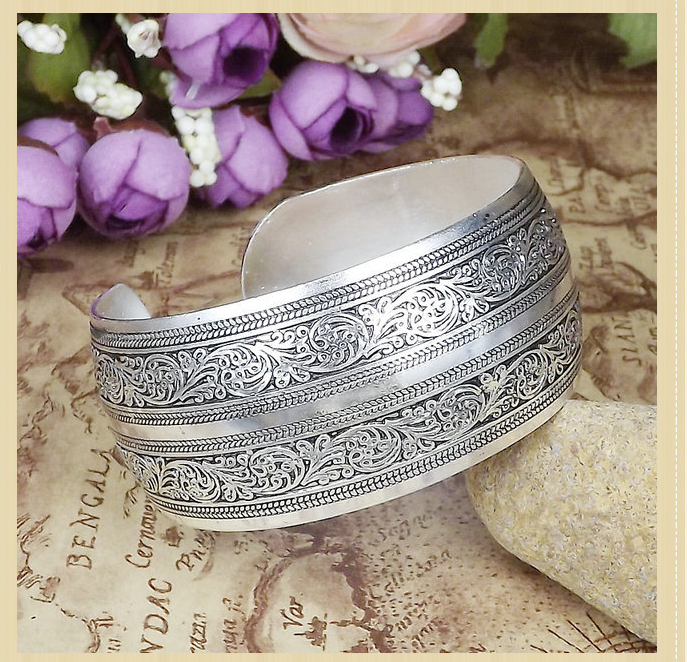 Ethnic Silver Bangle, Ancient Open-Style Bracelet