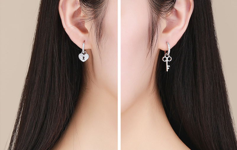 Love Lock Asymmetrical Ear Studs in Platinum Plating