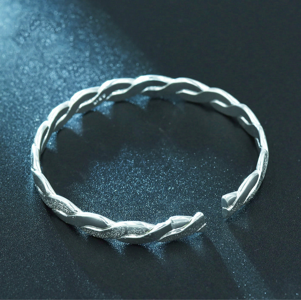 Woven Bracelet, Silver-Plated Open Cuff Bangle