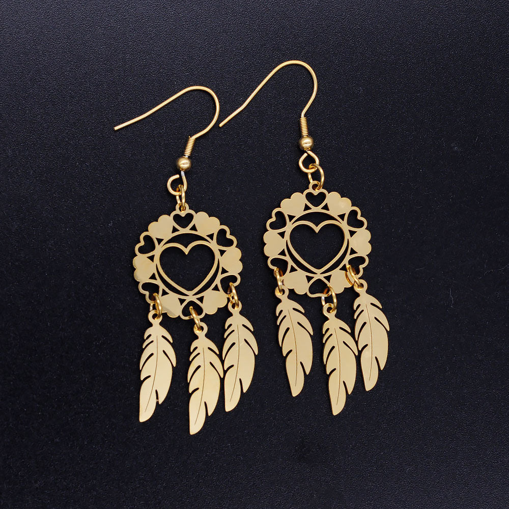 Titanium Steel Dreamcatcher Earrings with Lotus Pendant