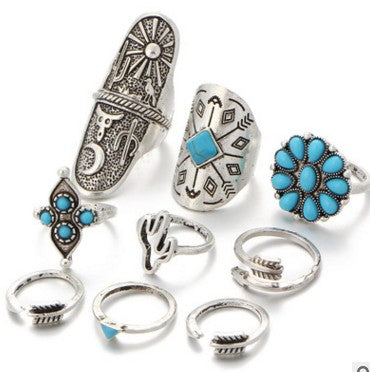9-Piece Turquoise Gemstone Vintage Ring Set