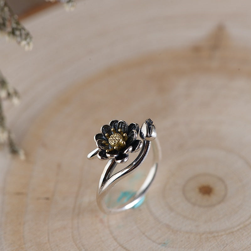 Lotus Silver Ring, Vintage Style Open Ring