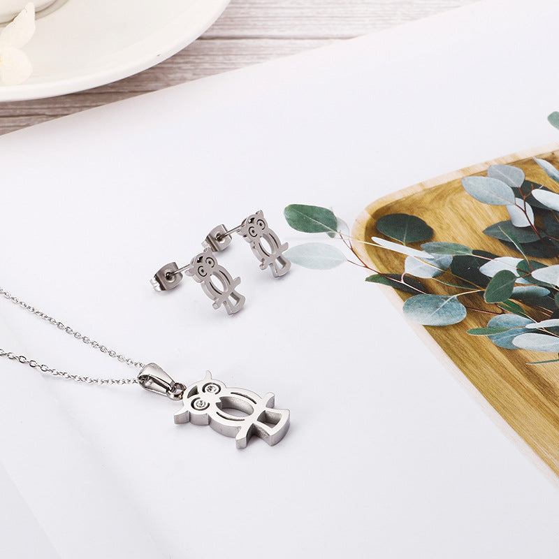 Creative Hollow Owl Necklace and Stainless Steel Earring Set