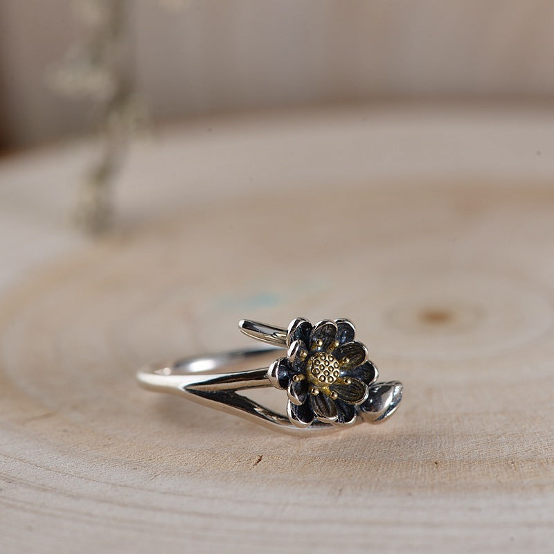 Lotus Silver Ring, Vintage Style Open Ring