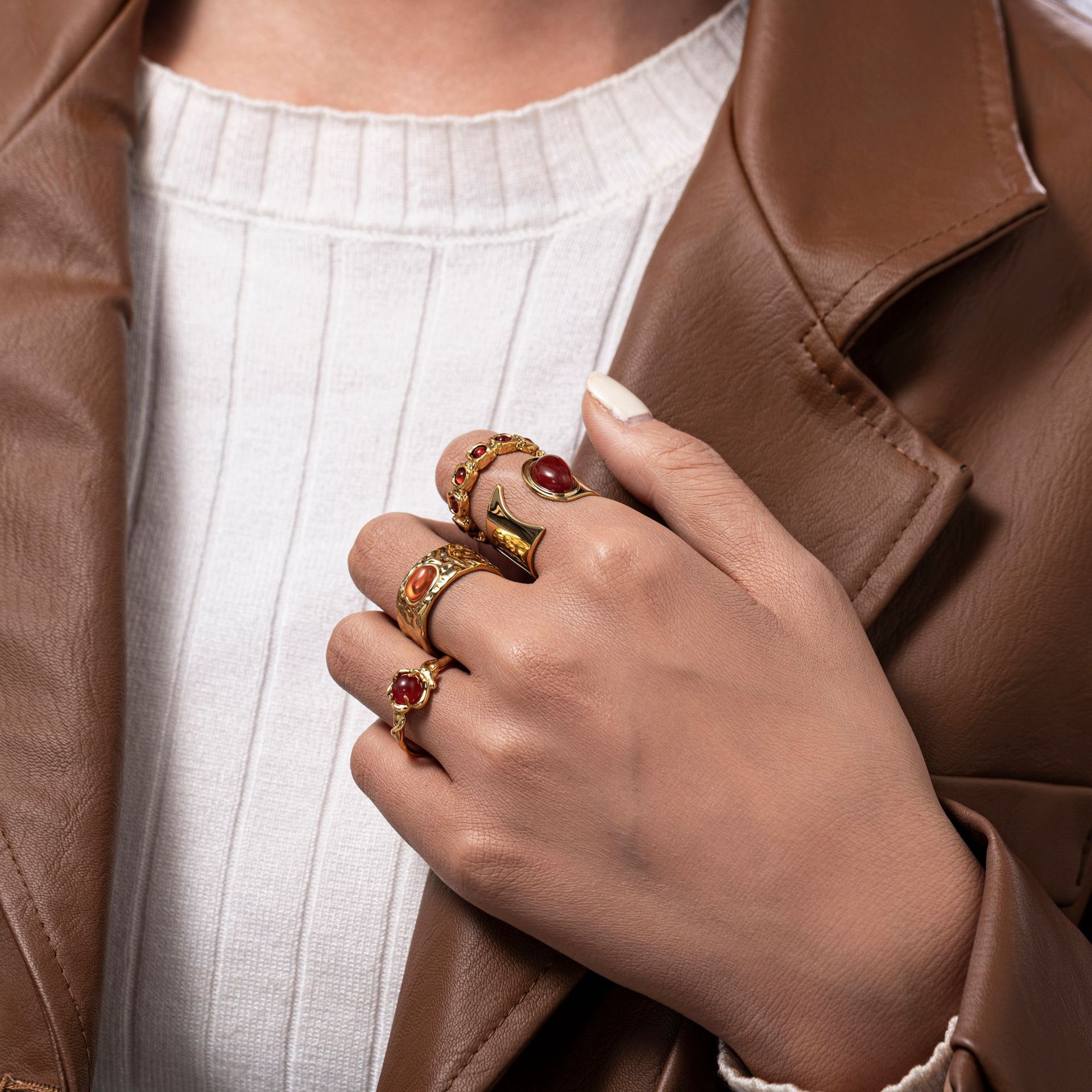 Red Agate Steel Ring