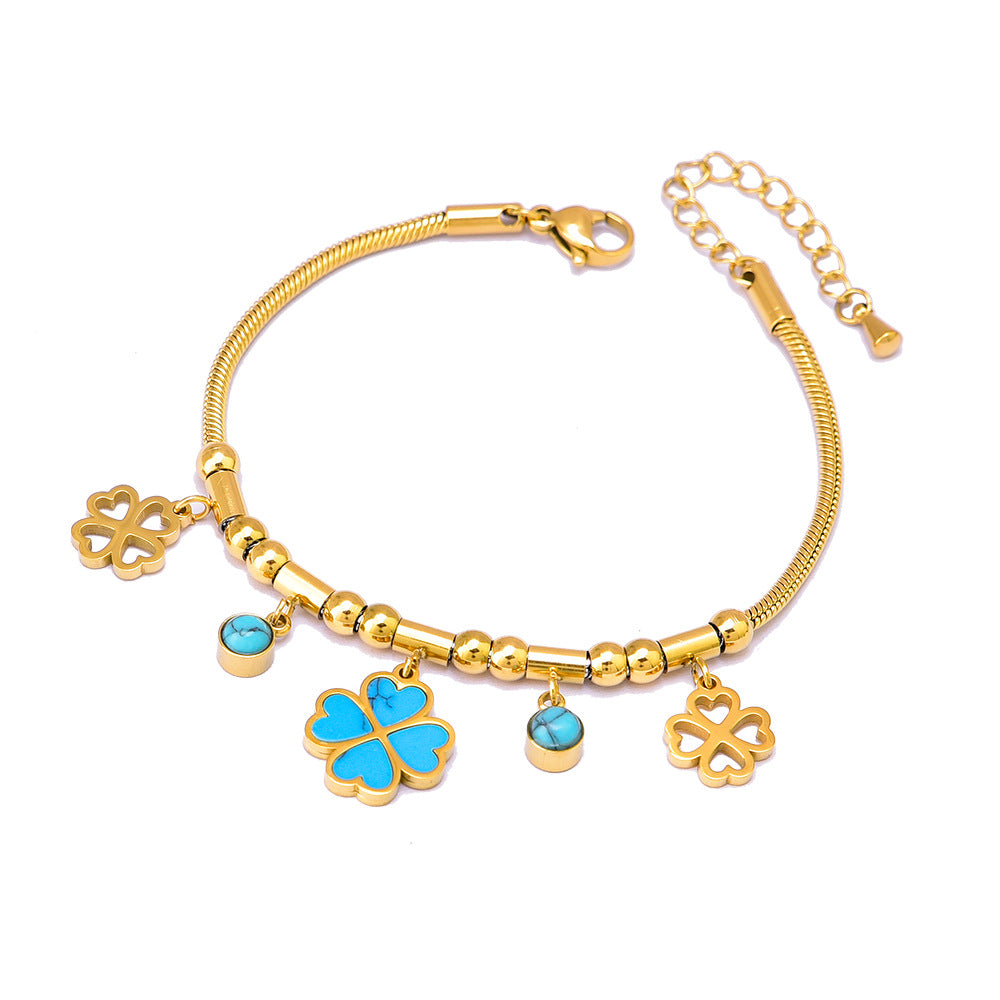 Colorful Geometric Snake Bone Bracelet with Bear & Charms