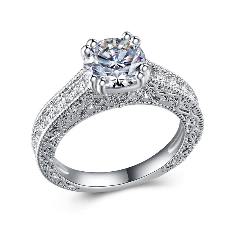 Zircon Ring, Platinum-Plated Band, European Jewelry