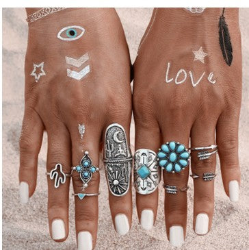 9-Piece Turquoise Gemstone Vintage Ring Set