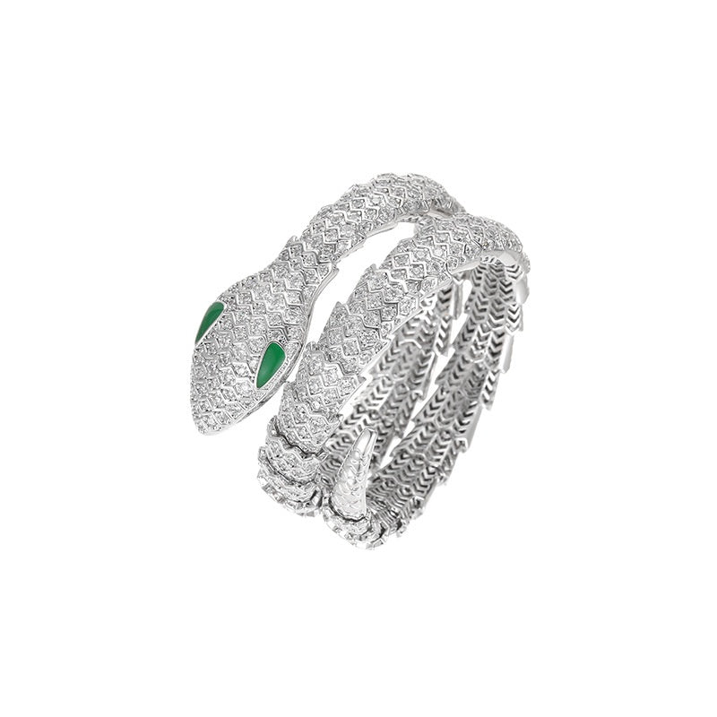 Vintage Green Eyed Snake Bracelet in Zircon Plated Platinum