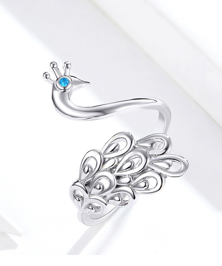 Platinum-Plated Peacock Design Silver Ring