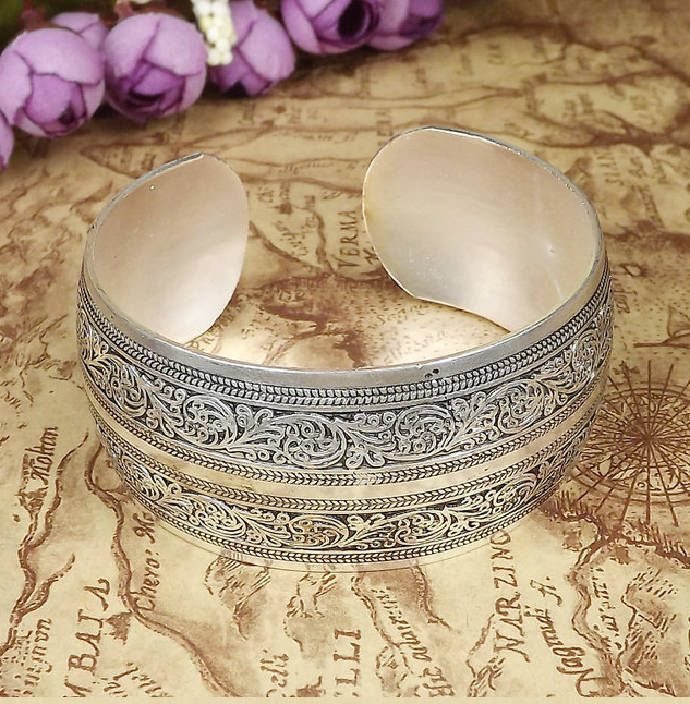 Ethnic Silver Bangle, Ancient Open-Style Bracelet