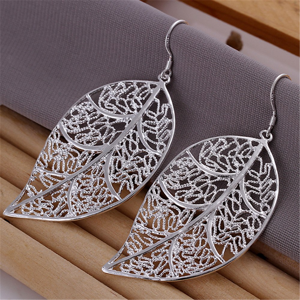 Silver Hollow Leaf Earrings