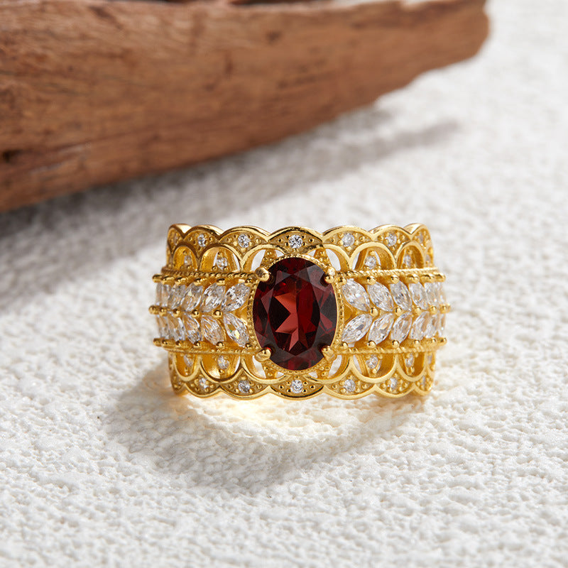 S925 Sterling Silver Natural Pomegranate Vintage Ring