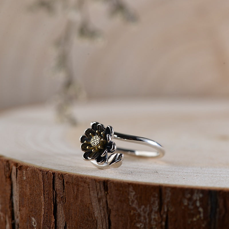 Lotus Silver Ring, Vintage Style Open Ring