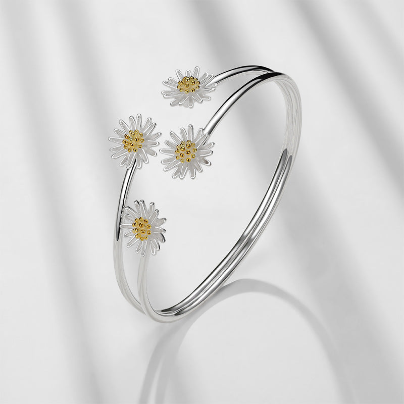 Silver Daisy Open Bangle Bracelet in Minimalist Style