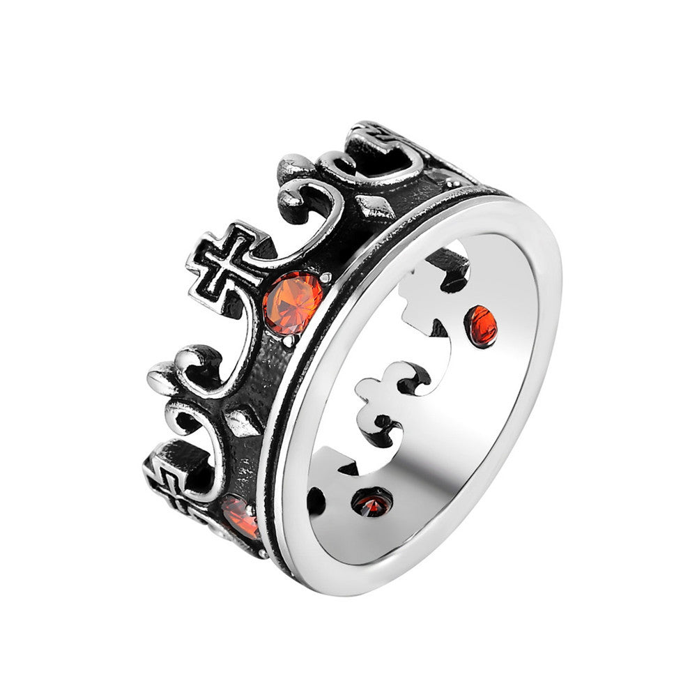 Gothic Titanium Steel Vintage Ring with Ruby Crown