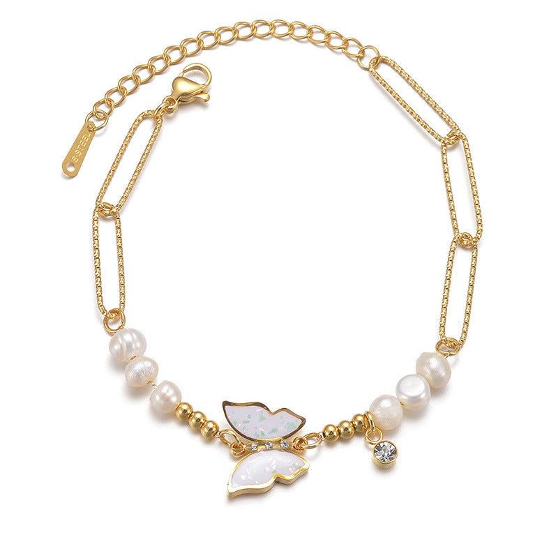 Butterfly Stainless Steel Bracelet with Zircon Pearls (One)