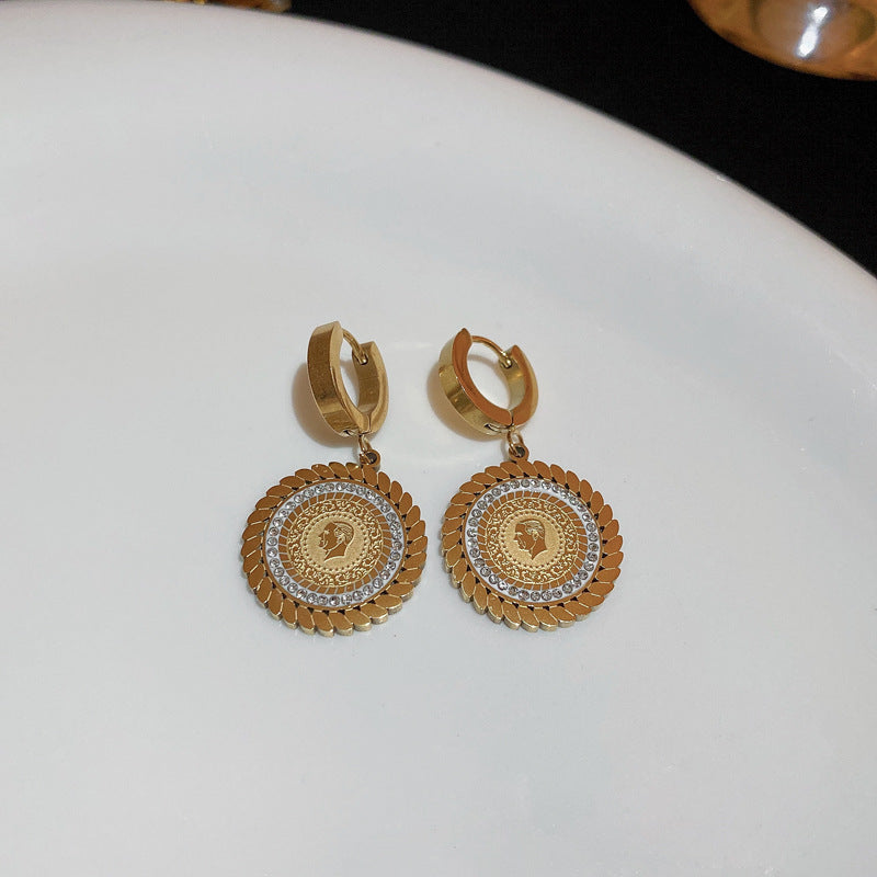 Titanium Steel Retro Diamond Portrait Round Plate Earrings