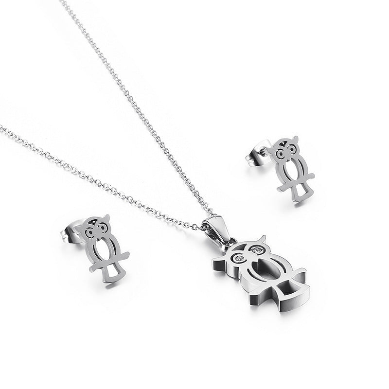 Creative Hollow Owl Necklace and Stainless Steel Earring Set