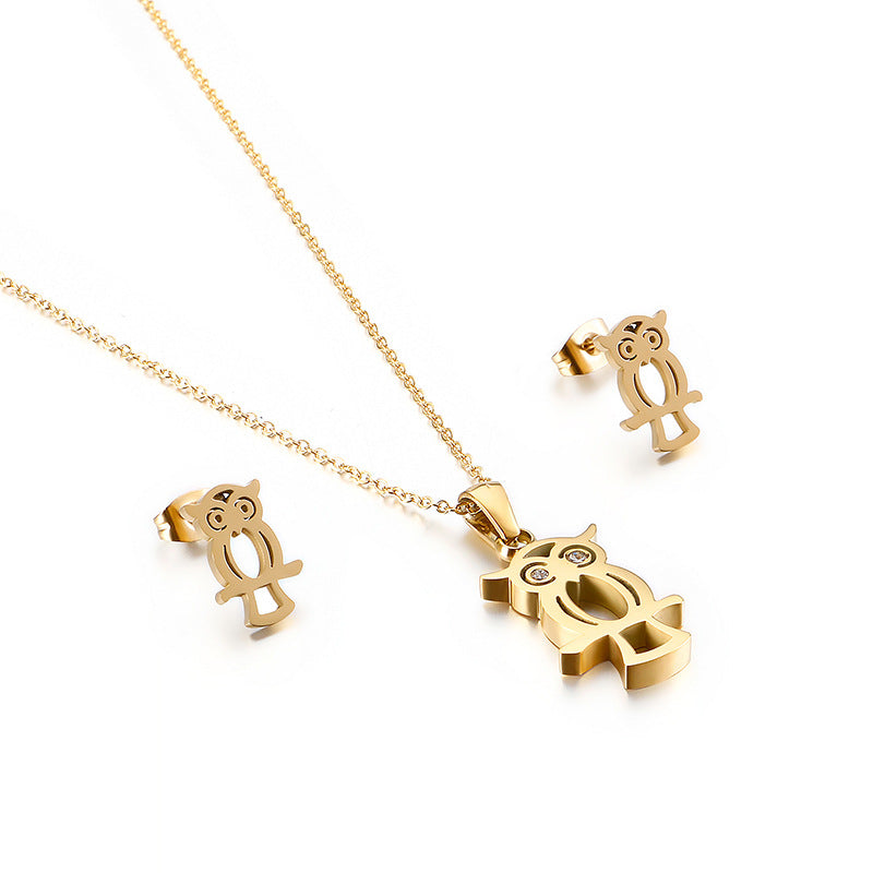 Creative Hollow Owl Necklace and Stainless Steel Earring Set