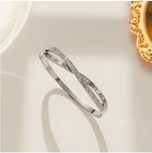 Rose Gold Roman Numeral Cross Titanium Bracelet for Women