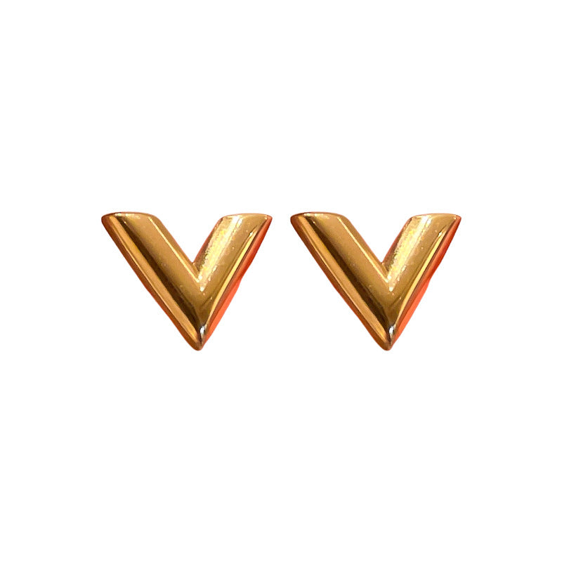 Gold Titanium Steel V-Shaped Earring and Necklace Set