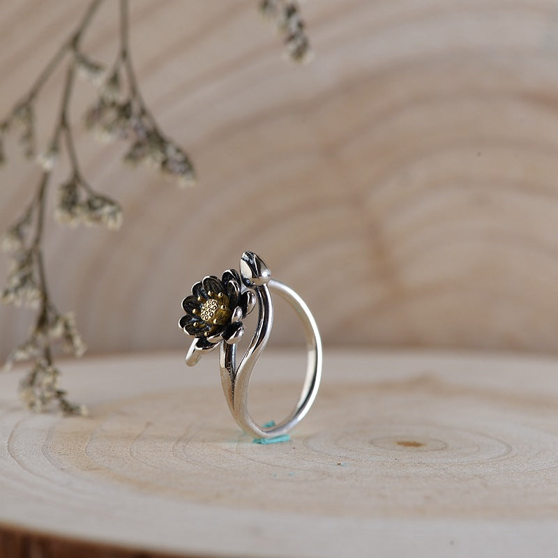 Lotus Silver Ring, Vintage Style Open Ring