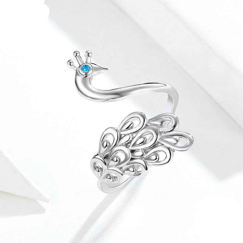 Platinum-Plated Peacock Design Silver Ring