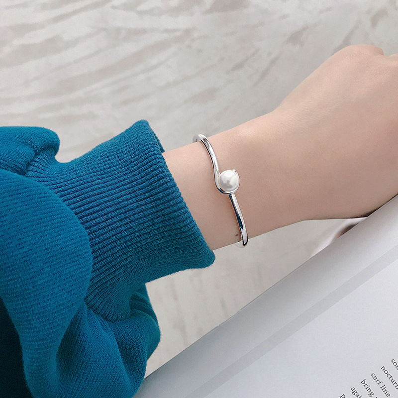 Open Bangle Bracelet with Shell Pearls and Silver