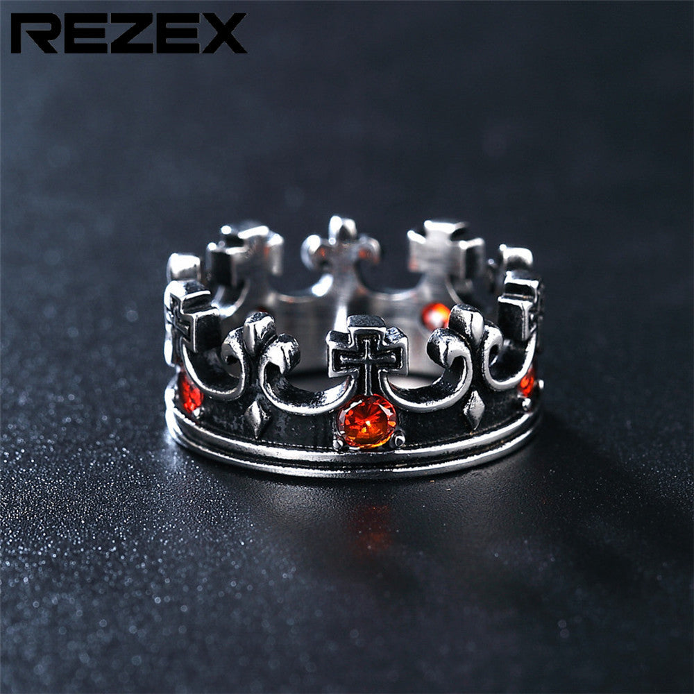 Gothic Titanium Steel Vintage Ring with Ruby Crown