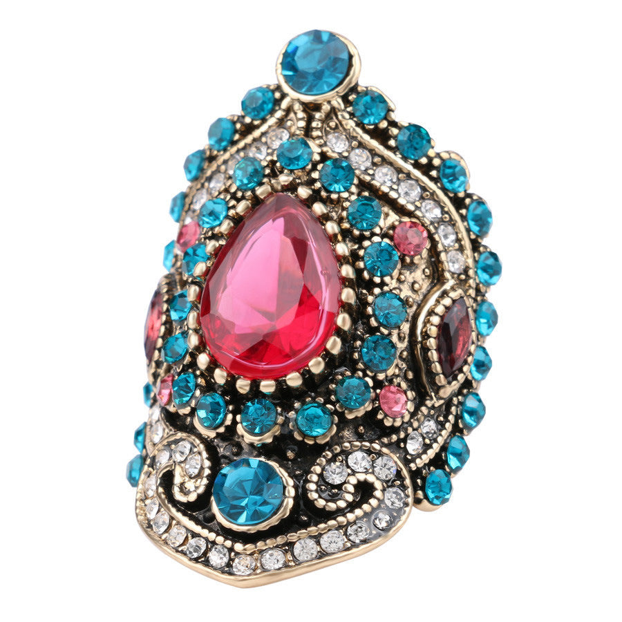 Gold Plated Vintage Ring with Blue Crystal (Sizes 7-12)