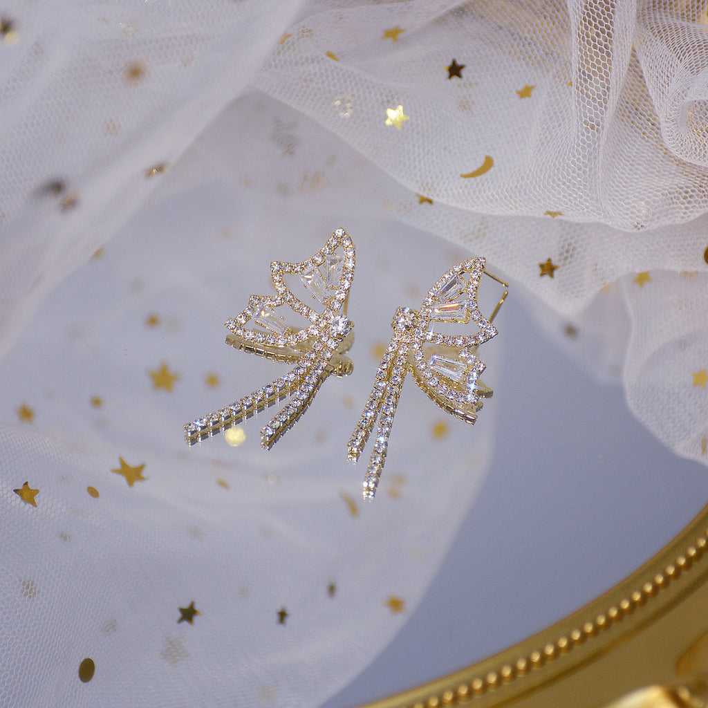 Korean S925 Silver Butterfly Tassel Zircon Earrings