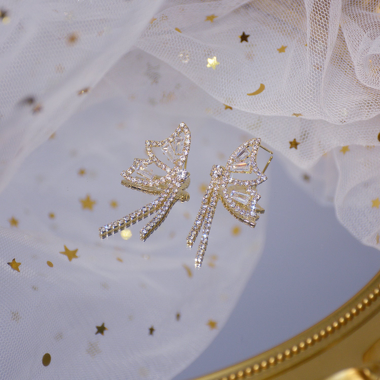Korean S925 Silver Butterfly Tassel Zircon Earrings