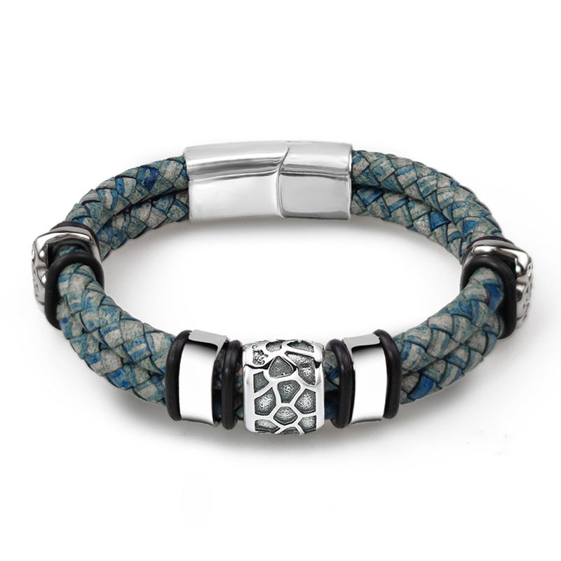 Men's Vintage Genuine Leather & Stainless Steel Bracelet