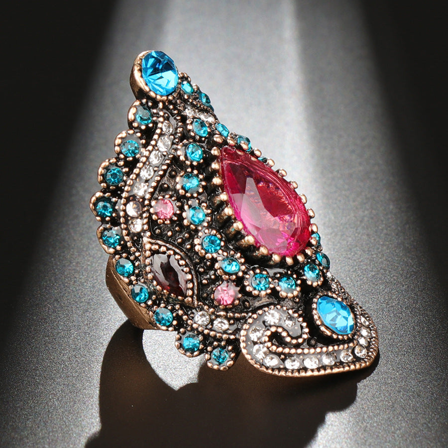 Gold Plated Vintage Ring with Blue Crystal (Sizes 7-12)