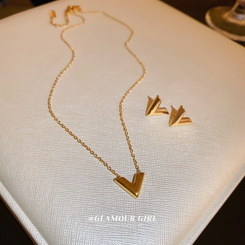 Gold Titanium Steel V-Shaped Earring and Necklace Set