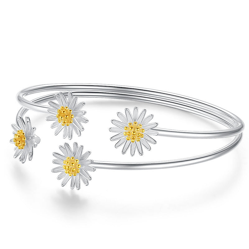 Silver Daisy Open Bangle Bracelet in Minimalist Style