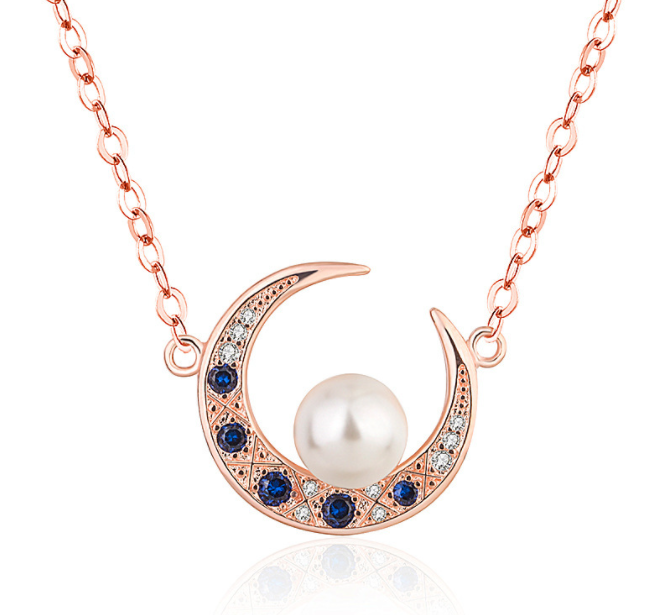 Natural Freshwater Pearl Necklace with Blue Zircon Pendant