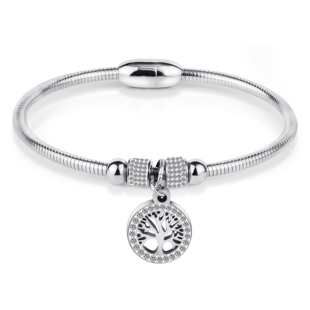 LifeTree Diamond-Studded Titanium Steel Bracelet for Women