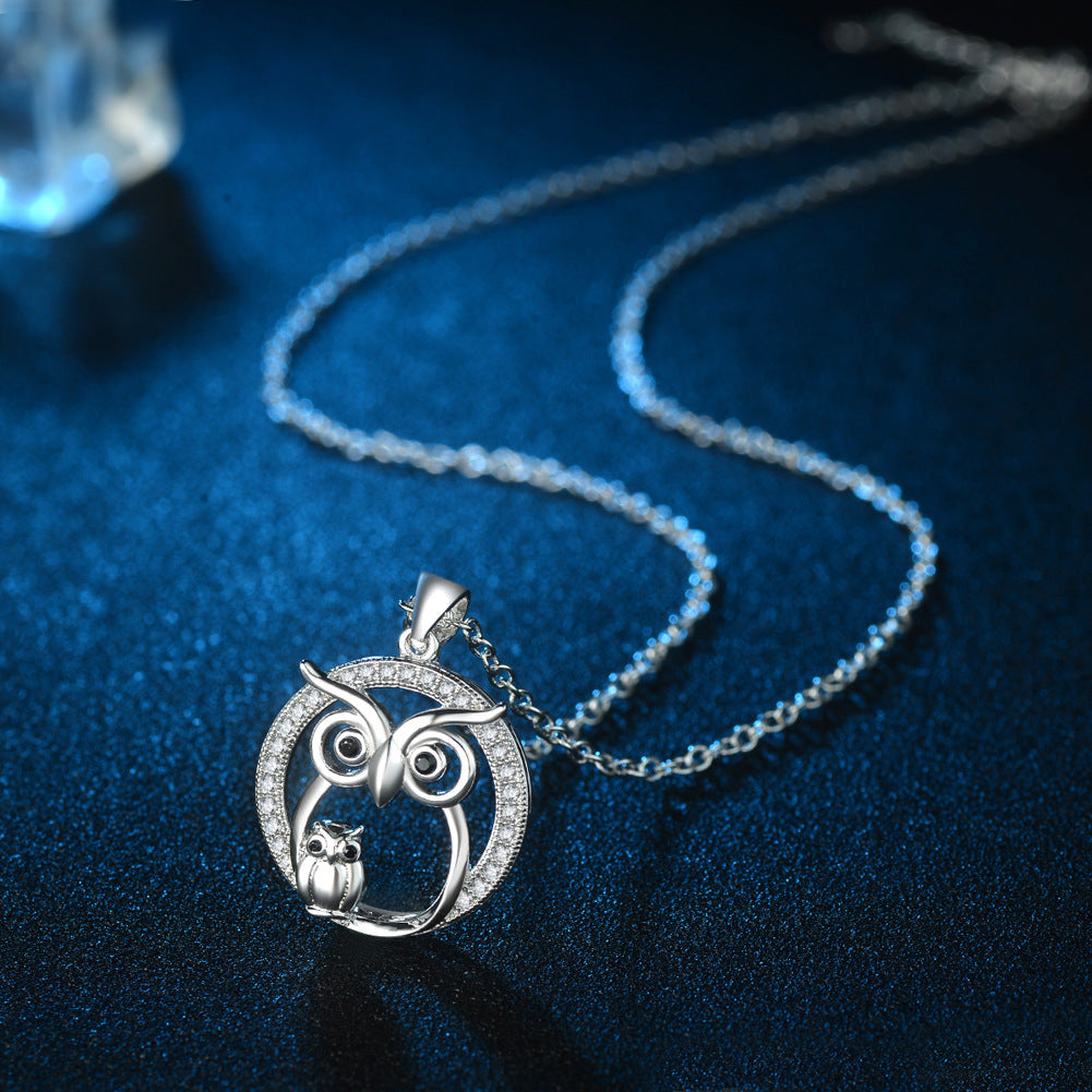 Platinum Plated Owl Necklace with Diamond Pendant