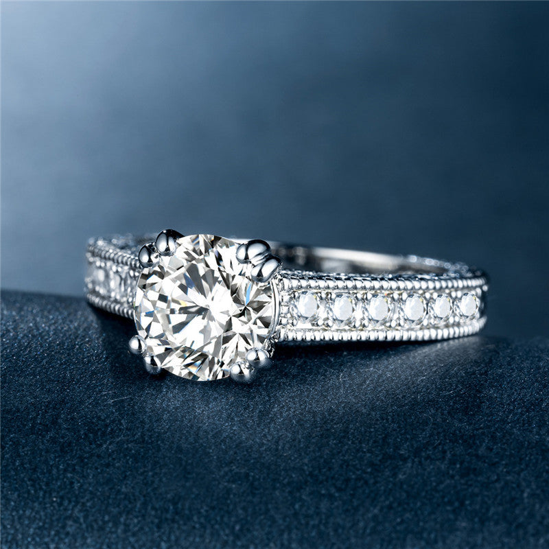 Zircon Ring, Platinum-Plated Band, European Jewelry