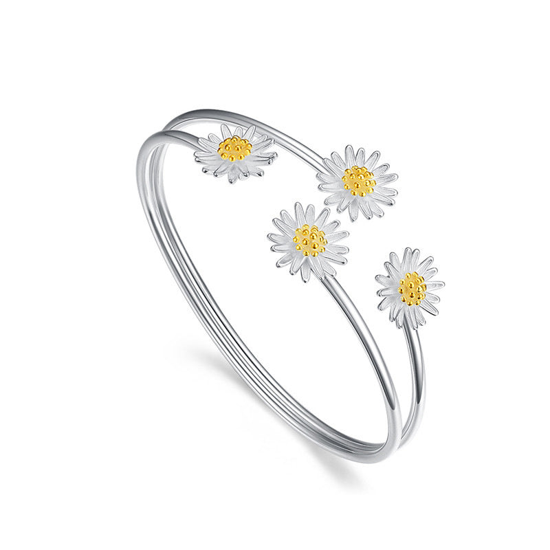 Silver Daisy Open Bangle Bracelet in Minimalist Style
