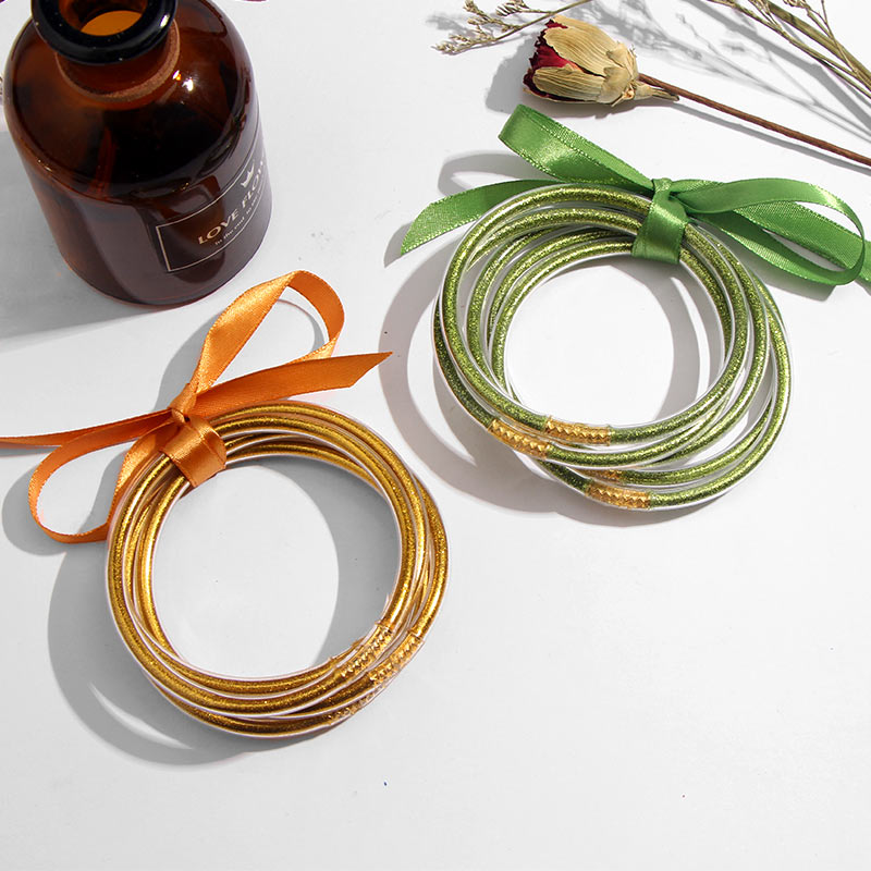 5Pcs Gold Silver Glitter Jelly Bangle Bracelet Set