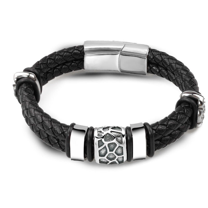 Men's Vintage Genuine Leather & Stainless Steel Bracelet