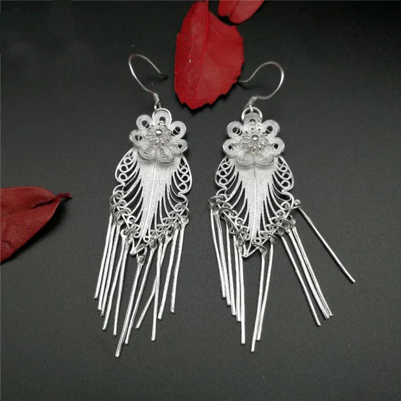Handmade Miao Silver Flower Tassel Earrings 999 Fine Silver