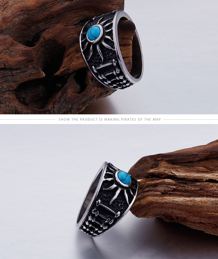 Vintage Pattern Blue Turquoise Men's Titanium Ring