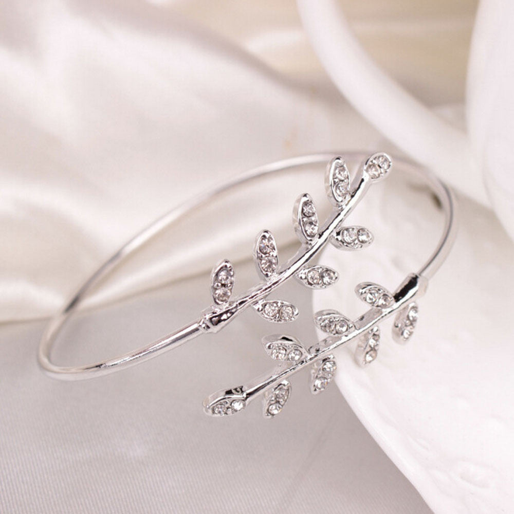 Adjustable Leaf Bangle with Rhinestones Bracelet